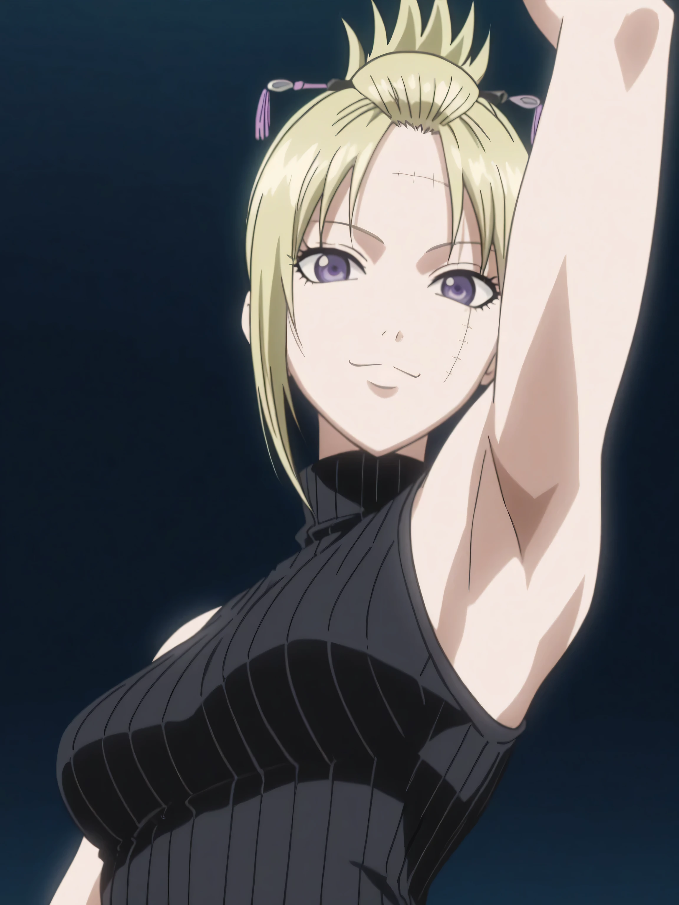 score_9, score_8_up, score_7_up, source_anime, Tsukuyo, blonde hair, folded ponytail, scar on face, purple eyes, sweater, ribbed sweater, ribbed, turtleneck, black sweater, sleeveless sweater, bare shoulders, 1girl, solo, anime screencap, frontlighting, simple background, black background, dark background, soft light, shiny skin, shiny hair, looking at viewer, eye contact with viewer, smile, closed mouth, arm up, raised arm, armpit, (From side, from below:1.4)