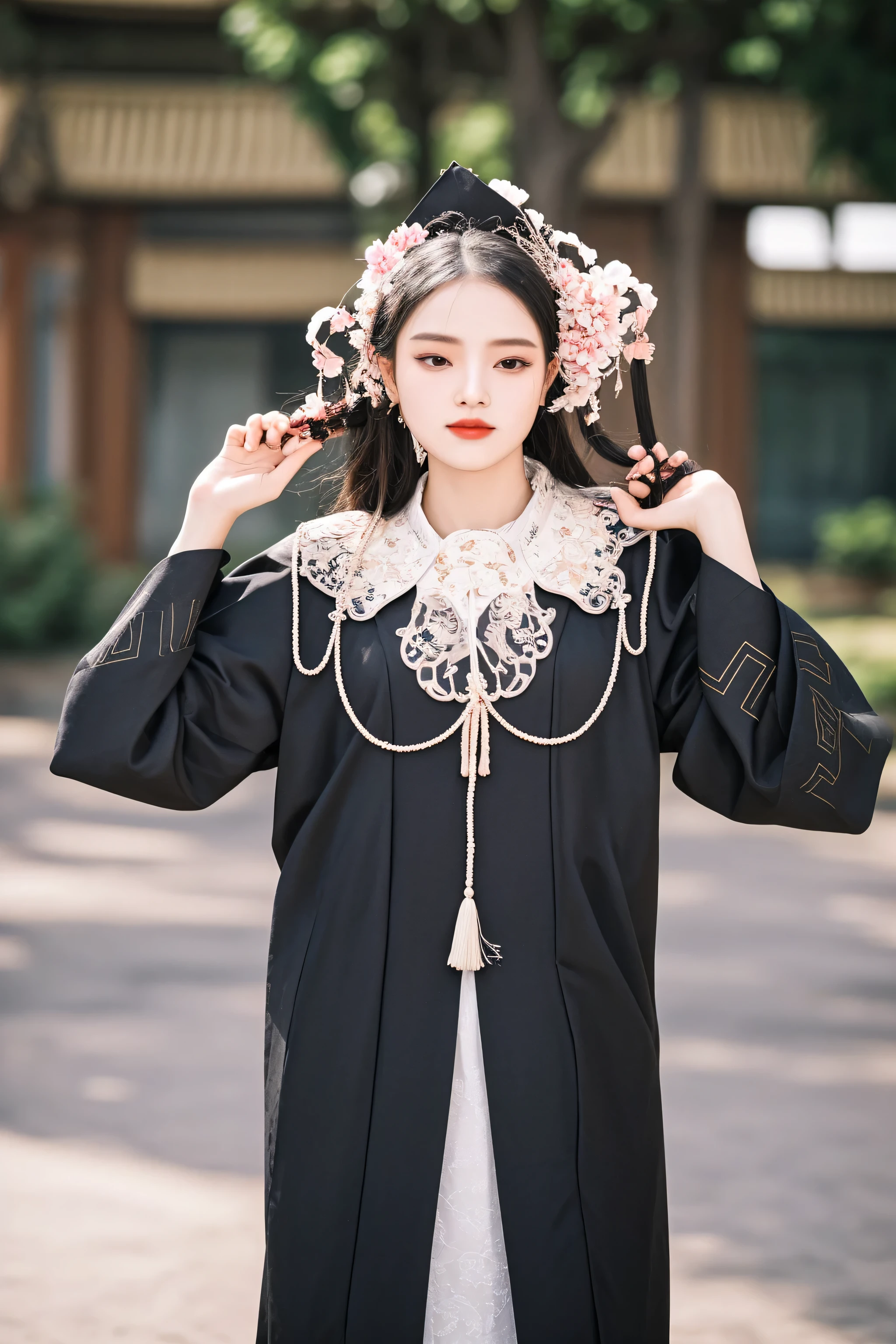 there is a woman in a black dress and a hat, palace , a girl in hanfu, hanfu, with acient chinese clothes, white hanfu, chinese costume, traditional tai costume, traditional chinese clothing, wearing dramatic aristocrat robe, wearing a black noble suit, wearing aristocrat robe, wearing ancient chinese clothes, wearing an ornate outfit, cai xukun