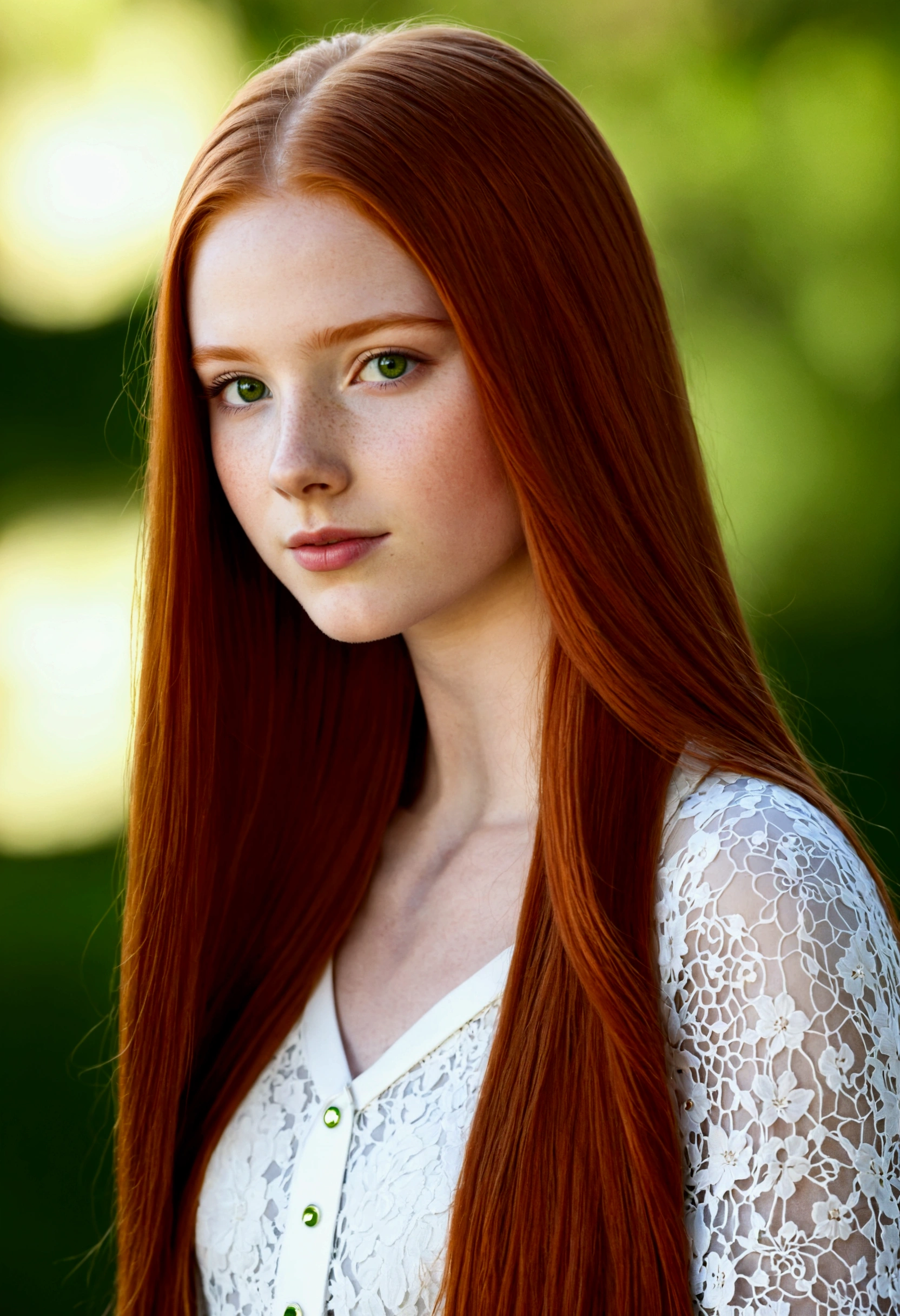 Gorgeous 18 year old redhead, long straight hair. Wears green dog collar around neck.