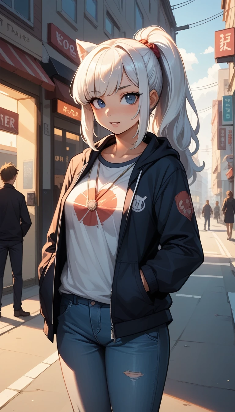 Cute kitten。Looking forward。Kawaii。white hair。Urban street background，middle shot of the scene，Whole body like， Highly detailed two-dimensional anime special effects，oc gerendert，Shot at 70 mm - AR 16:9 --q 2 --s 1000