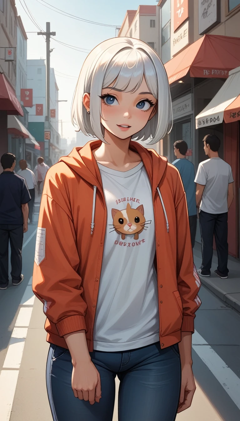 Cute kitten。Looking forward。Kawaii。white hair。Urban street background,middle shot of the scene,Whole body like, Highly detailed two-dimensional anime special effects,oc gerendert,Shot at 70 mm - AR 16:9 --q 2 --s 1000