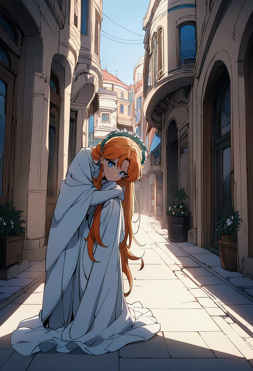 Masterpiece, High quality, High quality of art, best quality, best details, anime artstyle, 2d lineart, ultra detailed, ultra anime, 1boy, femboy, In the white clothes of an angel, blue eyes, Beautiful Russian appearance, walking around a white fantasy city, clear blue sky, all around the inhabitants bowing, A wreath of lilies on the head, orange hair, view from the corner