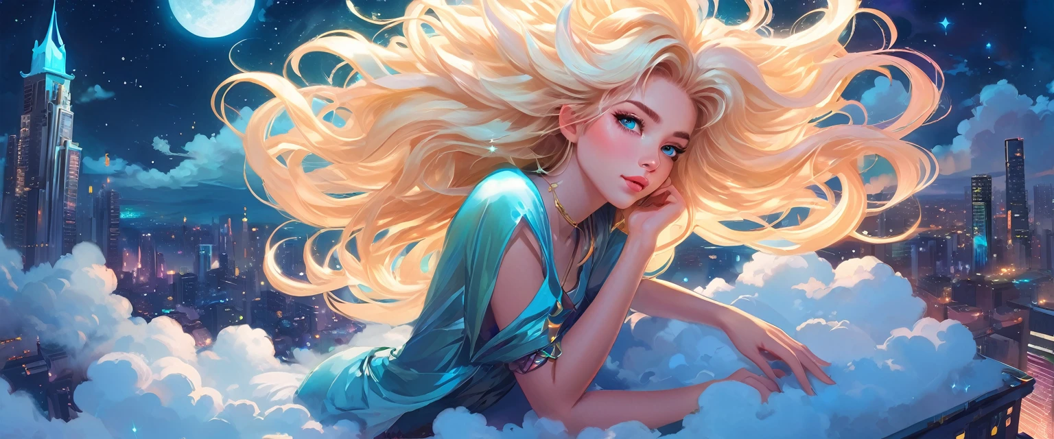 a beautiful 20 year old blonde woman with big messy hair laying down on a cloud in the sky floating over a cityscape at night, twinkling stars and glowing moon, fantasy art style, rossdraws cartoon vibrant, cyberpunk, cute detailed digital art, colorfull digital fantasy art, digital fantasy art ), glossy digital painting, rossdraws pastel vibrant, rossdraws 2. 5, rossdraws 1. 0