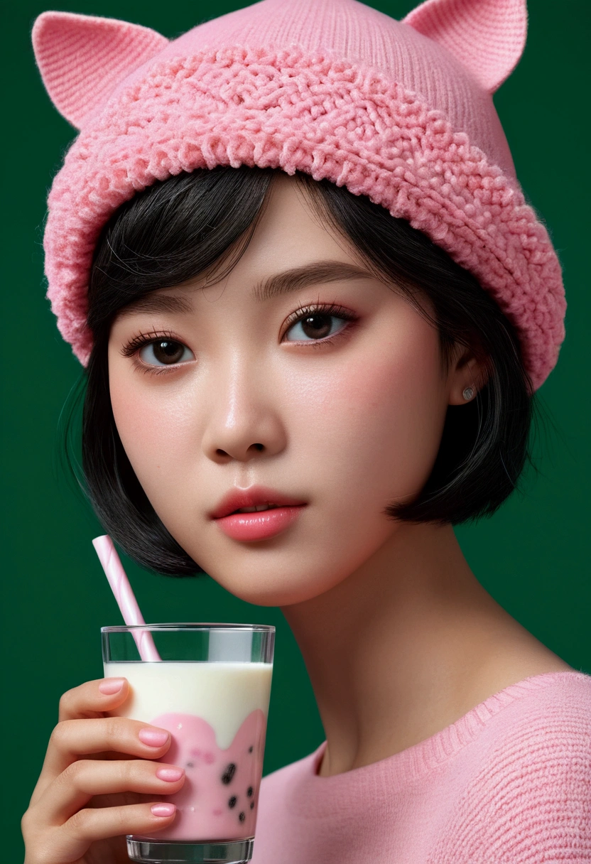 (Masseter film:1.3)、(8K、Photorealistic、Original Photography、Top quality: 1.4)、(1 Girl)、Beautiful face、(Real-life photography)、(Pink milk Thai、short hair:1.3)、((Even if I'm naked))、Wearing a cute pom-pom hat with a knitted pattern、(Photograph the whole hat)、Realistic eyes、Beautiful details、（Real skin）、Beautiful Skin、、Tempting、Ultra-high resolution、Surrealism、High Detail、Golden Ratio