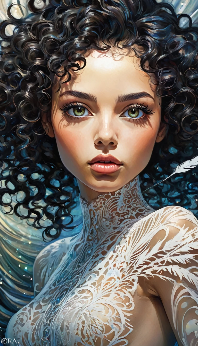 Create a realistic and intense portrait of a woman, her piercing gaze holding the viewer. She has striking, vivid eyes that seem to glow with inner light. Her black curly hair flows naturally but subtly blends into swirling, surreal patterns. The background is a mix of reality and dreamscape, with faint, ethereal elements like floating feathers or mist. The overall effect should be powerful and captivating, with a touch of the surreal. (Upper body shot:1.5), (trasversal view:2.1}, masterpiece:1), (best quality:1), (very aesthetic:1), (absurdres:1.), (detailed background),(detailed face:1), (defined features:1), newest,ai-generated,best quality, realistic, masterpiece, extremely detailed, an extremely delicate and beautiful, dynamic, realistic anatomy, perfect anatomy, highly detailed, breathtaking. (detailed face:1.3), (defined features:1.3), newest,ai-generated, (HDR), (8k), (32k), (masterpiece:1.1), (Best quality), (Ultra detailed eyes), (follow the prompt:2.7), (follow the LoRa:2.1), (photorealistic:0.9), ,Woman, black hair, curly hair, long hair, olive eyes, slim waist, light skin,style of Afrofuturism,a painting of, in the style of Bill Sienkiewicz
