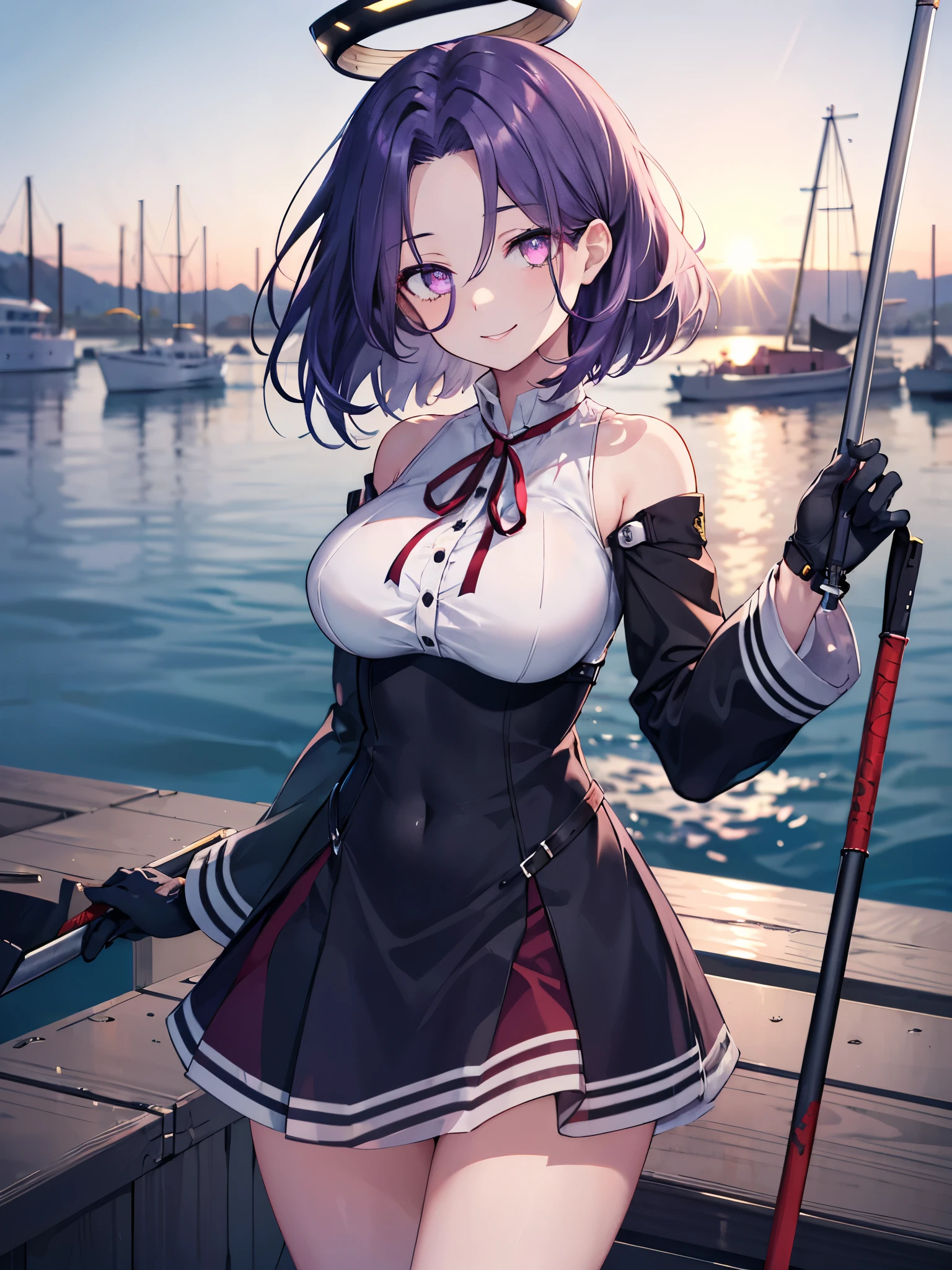 masterpiece, best quality, highres, mechanical halo, (big_breasts:1.2), black dress, neck ribbon, long sleeves, black gloves, outdoors, cowboy shot, standing, holding weapon, polearm,smile,,harbor_town_landscape,purple_halfeyes,(scornful eyes:1.4)