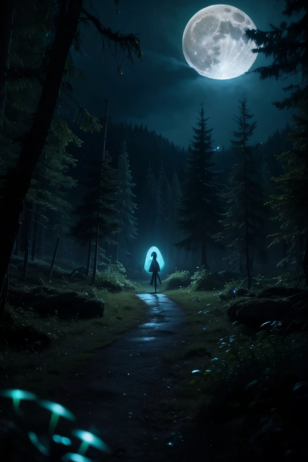  full moon night, in a bioluminescent forest, inhabited by all existing classes of fungi, gathered in a magical celebration, at the foot of a mountain 