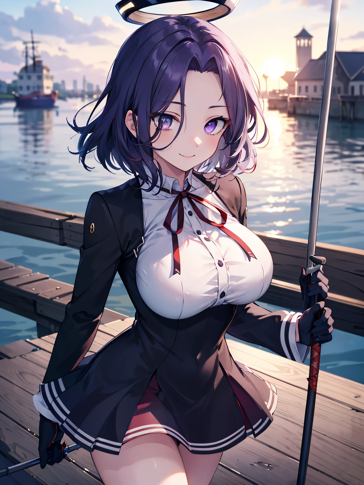 masterpiece, best quality, highres, mechanical halo, (big_breasts:1.2), black dress, neck ribbon, long sleeves, black gloves, outdoors, cowboy shot, standing, holding weapon, polearm,smile,,harbor_town_landscape,purple_halfeyes,(scornful eyes:1.4)