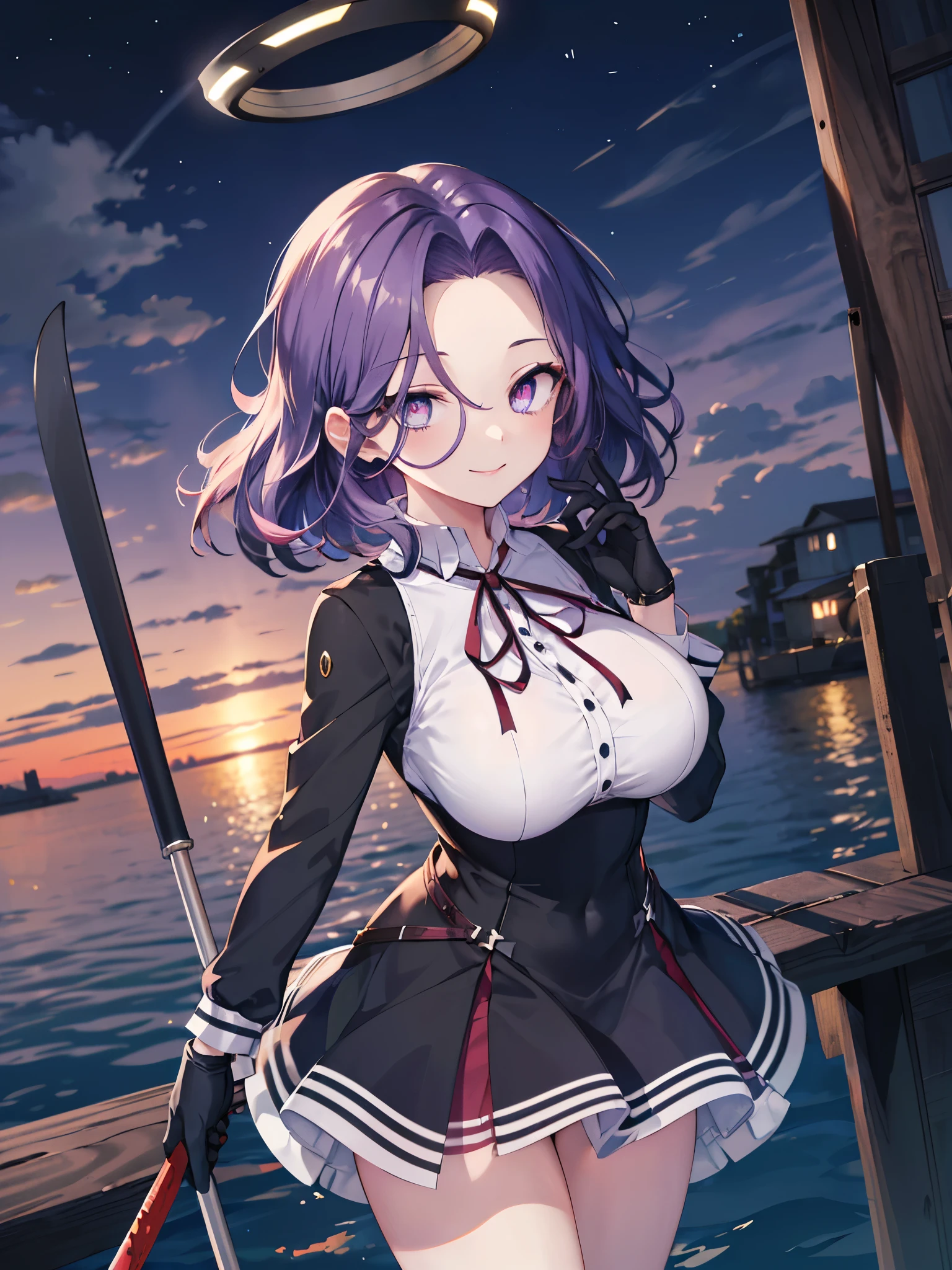 masterpiece, best quality, highres, mechanical halo, (big_breasts:1.2), black dress, neck ribbon, long sleeves, black gloves, outdoors, cowboy shot, standing, holding weapon, polearm,smile,,harbor_town_landscape,purple_halfeyes,(scornful eyes:1.4)