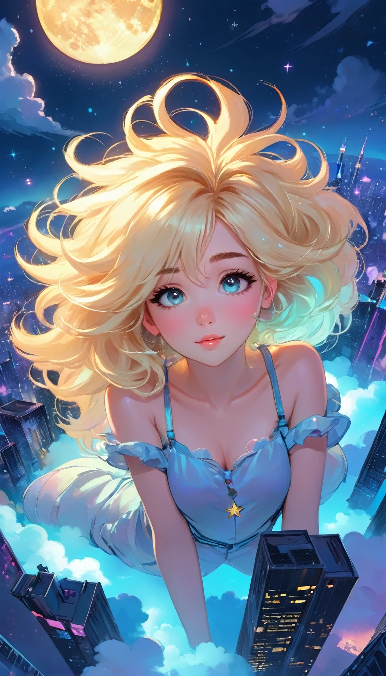 a beautiful 20 year old blonde woman with big messy hair laying down on a cloud in the sky floating over a cityscape at night, twinkling stars and glowing moon, fantasy art style, rossdraws cartoon vibrant, cyberpunk, cute detailed digital art, colorfull digital fantasy art, digital fantasy art ), glossy digital painting, rossdraws pastel vibrant, rossdraws 2. 5, rossdraws 1. 0