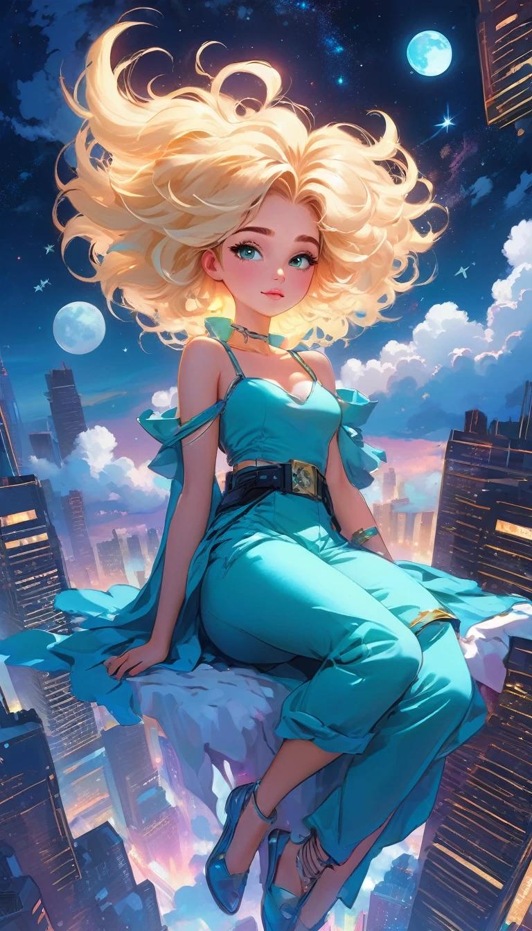 a beautiful 20 year old blonde woman with big messy hair laying down on a cloud in the sky floating over a cityscape at night, twinkling stars and glowing moon, fantasy art style, rossdraws cartoon vibrant, cyberpunk, cute detailed digital art, colorfull digital fantasy art, digital fantasy art ), glossy digital painting, rossdraws pastel vibrant, rossdraws 2. 5, rossdraws 1. 0