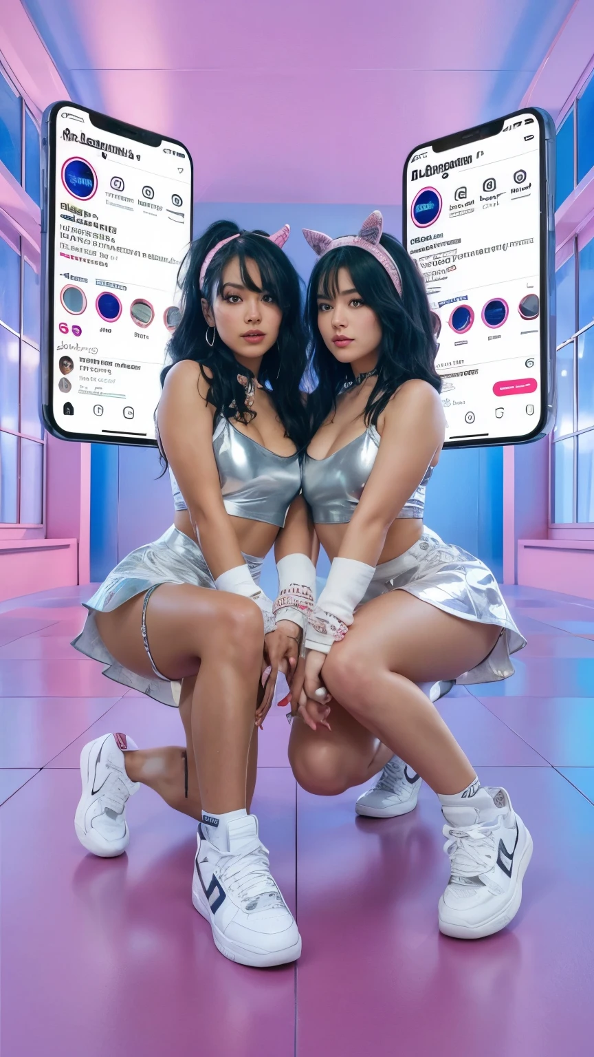 A striking photograph of two young and stylish Latina women, possible Mexican women. The first woman is wearing a silver top, a short skirt, and white sneakers, accessorized with a cute pink headband. Her dark hair is slightly tousled, and her radiant beauty is evident. The second woman, equally stunning, has long, flowing dark hair. Both women are set against the backdrop of a vibrant, pastel-colored room, with floor-to-ceiling windows and two large iPhones on display, showcasing their Instagram profiles. The atmosphere of this image is energetic, fun, and slightly edgy, inviting viewers to delve into a world of youthful, creative self-expression., photo, ( pay special attention to their faces, they are beautiful and perfect, pay attention to the hands)