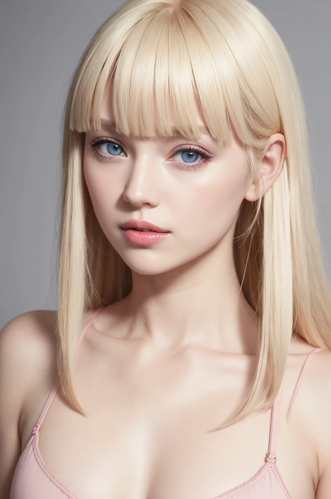 Girl with blonde hair, Channel hairstyle, blonde bangs blue eyes, pink lipstick, perfect face, wearing a pink bra