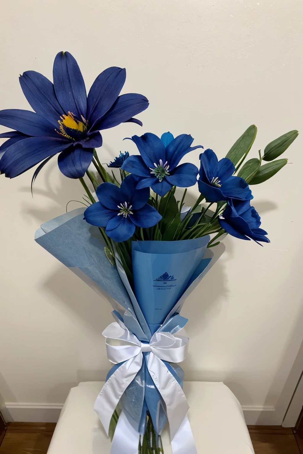 Various gifts,cards, 2 bouquet of blue flowers