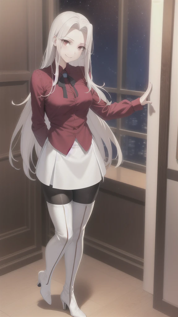 masterpiece, best quality, absurdres, perfect anatomy, anime_girl, 1girl, solo, Irisviel von Einzbern, long hair, red shirt, dress shirt, white thigh high boots, heels, plaid skirt, pantyhose, cowboy shot, standing, smile, indoors, arms behind back, room, night, lift your leg back,