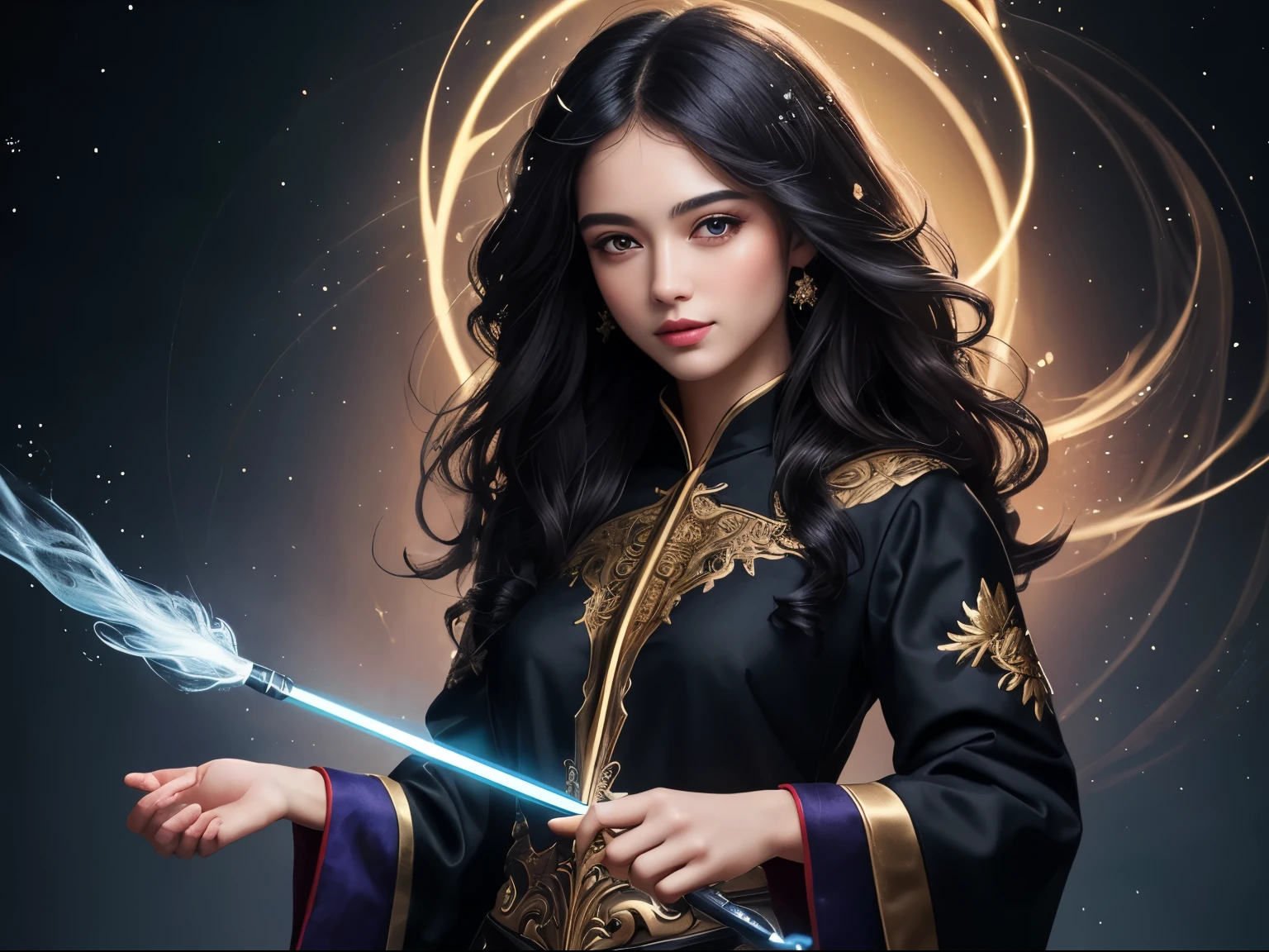 ((best quality)), ((masterpiece)), (detailed), A digital illustration of a long black haired young women creating magical clothes with a wand and sparkles surrounded by magical clothes