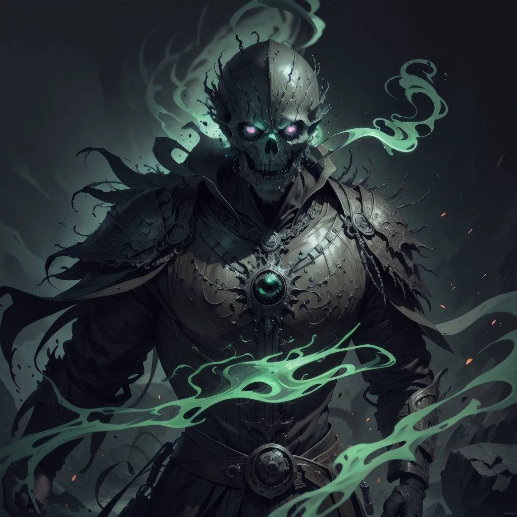 (very detailed 8k wallpaper), man, mid-shot terrifying necromancer, Scull, Burning eyes, ominous shadows, Green Smoke, difficult, high detail, dramatic