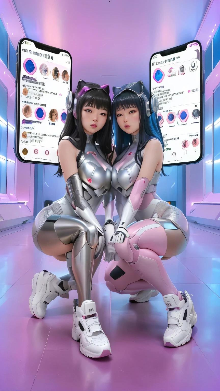 two women dressed in silver suits sitting on a pink floor, beautiful science fiction twins, Inspired by Wang Duo, cybernetic aesthetic, cyberpunk oppai, beautiful gemini twins portrait, Ayami Kojima y Lyde Caldwell, e-chica, e - girl, Templates 5 0 0 px, focus on two androids, beautiful gemini twins, ig model | artegerm