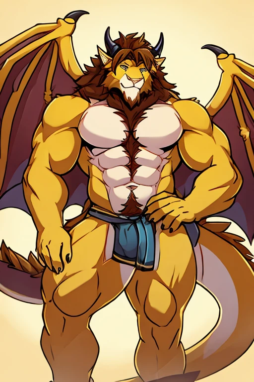 Yellow Dragon Lion, muscular, brown hair, dragon wings, horns, dragon tail, very hairy, Sexil