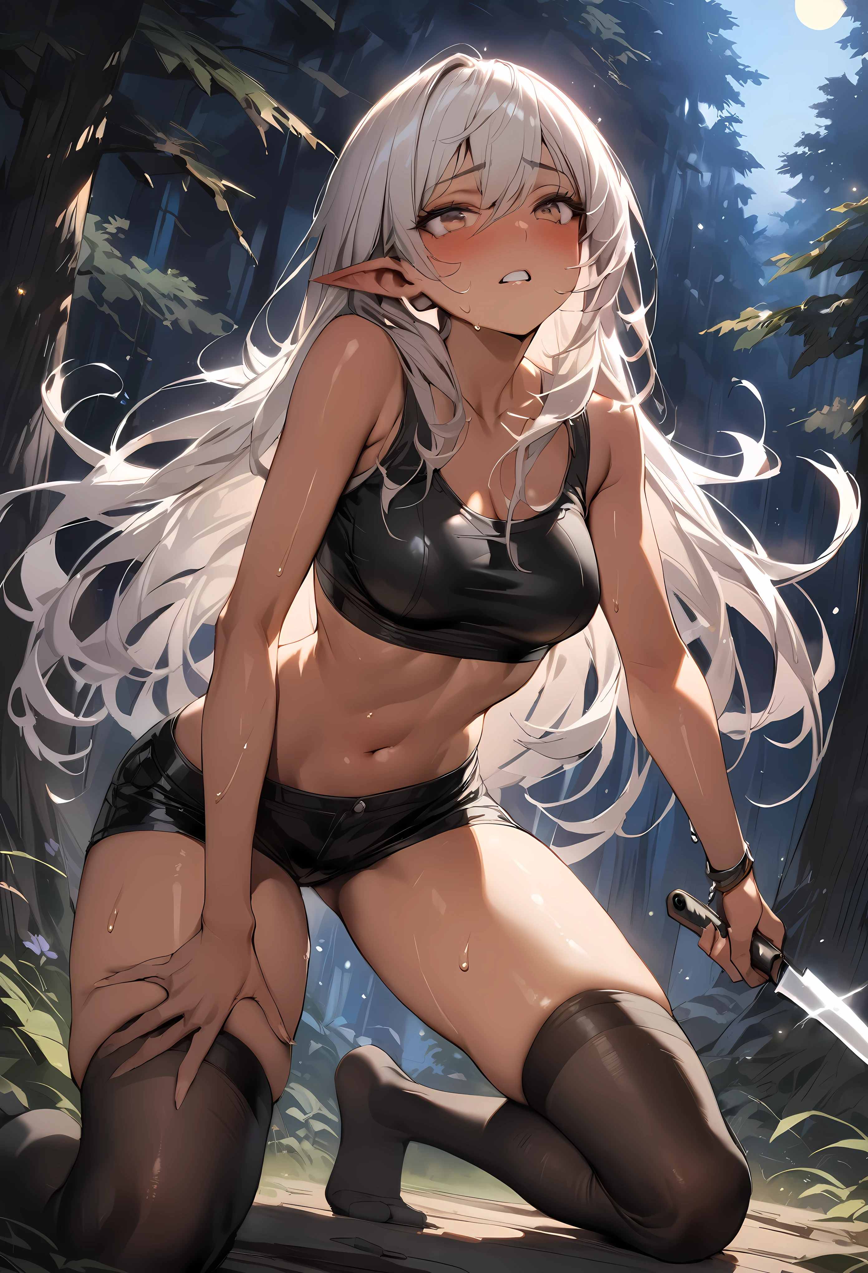 ((masterpiece,best quality anime,Highest quality:1.3)),realistic,cowboy shot,(Mature Beauty),1 Dark Elf female、solo,((very small head:1.4)),ideal ratio body proportions,((tan skin)),elf ear,Silver Hair,bangs,straight long hair,gorgeous big eyes,brown eyes,Pain,(Injury、Black tube top shirt,Black micro shorts、black_thighhighs、Holding a big knife),((slender body,skinny,toned body)),medium breasts,naked,gleaming skin,shiny skin,sweat:1.3,kneeling,forest、Many trees、at night、moonlight、Fantasy World、