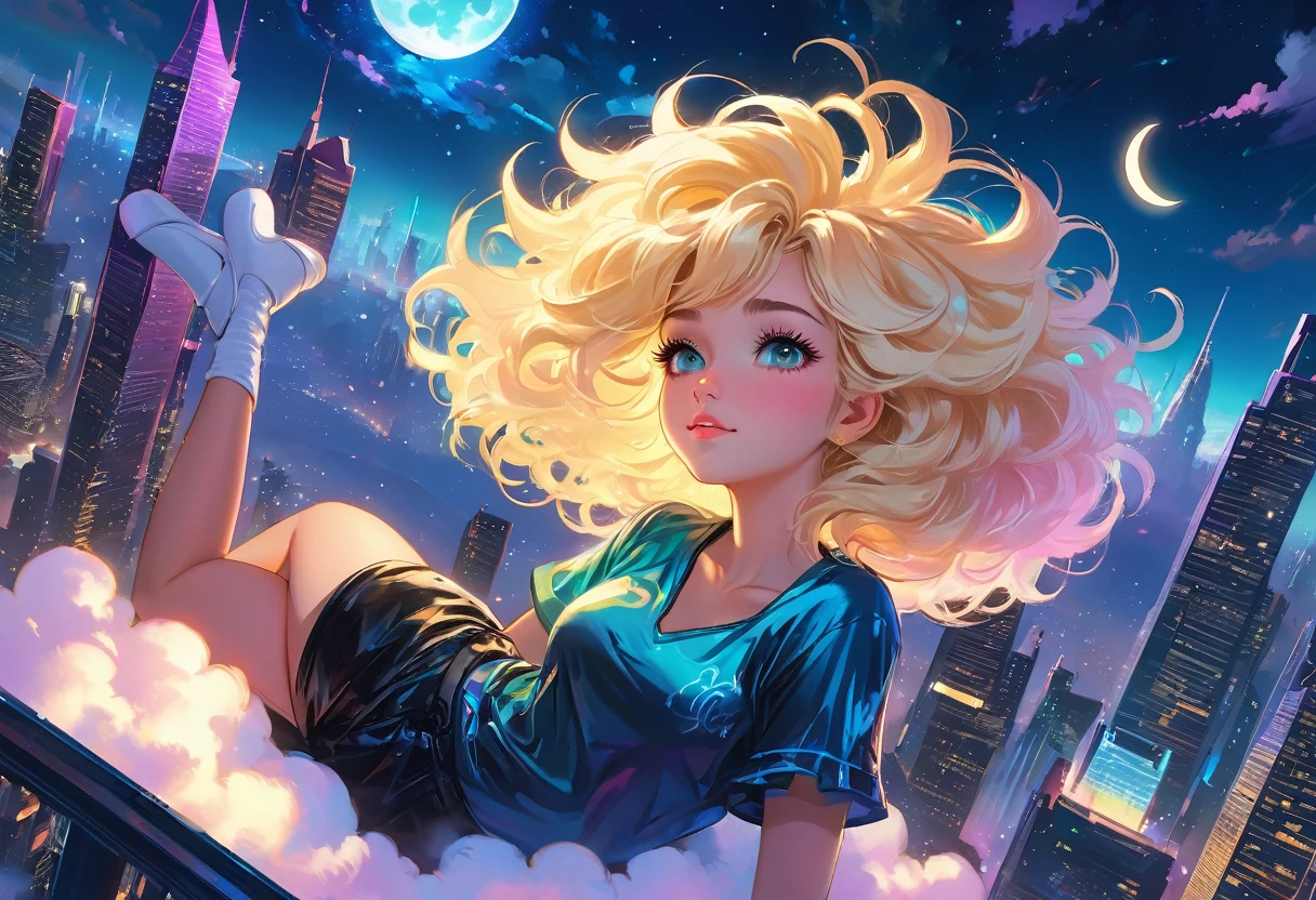 a beautiful 20 year old blonde woman with big messy hair laying down on a cloud in the sky floating over a cityscape at night, twinkling stars and glowing moon, fantasy art style, rossdraws cartoon vibrant, cyberpunk, cute detailed digital art, colorfull digital fantasy art, digital fantasy art ), glossy digital painting, rossdraws pastel vibrant, rossdraws 2. 5, rossdraws 1. 0