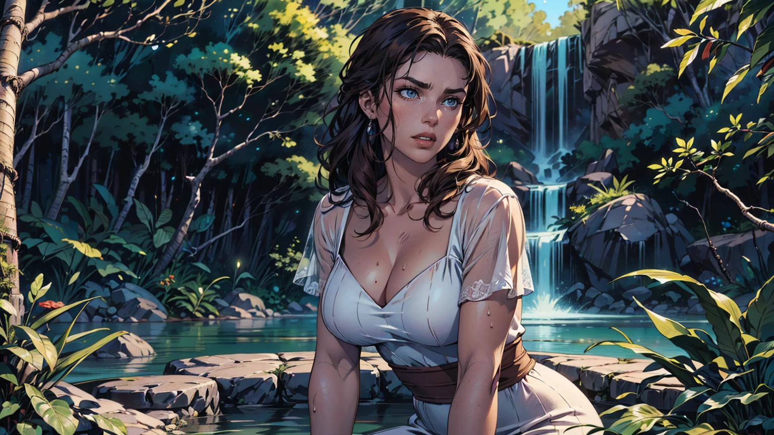 1 beautiful woman with long dark brown hair,perfect body,huge breasts,extremely sexy and attractive poses,in huge tropical jungle with waterfalls,wearing a white wet dress,(best quality,4k,8k,highres,masterpiece:1.2),ultra-detailed,(realistic,photorealistic,photo-realistic:1.37),photorealistic,highly detailed,cinematic lighting,dramatic lighting,warm color palette,volumetric lighting,lush tropical foliage,fantasy landscape