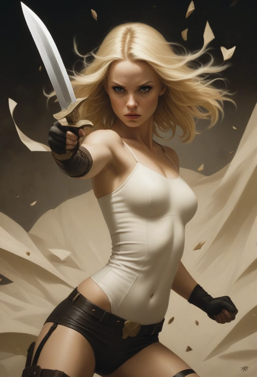 by Brad Kunkle, Marvel character Dagger beautiful blonde women in a hero action pose, best quality, masterpiece, Ultra high detail, 8k

