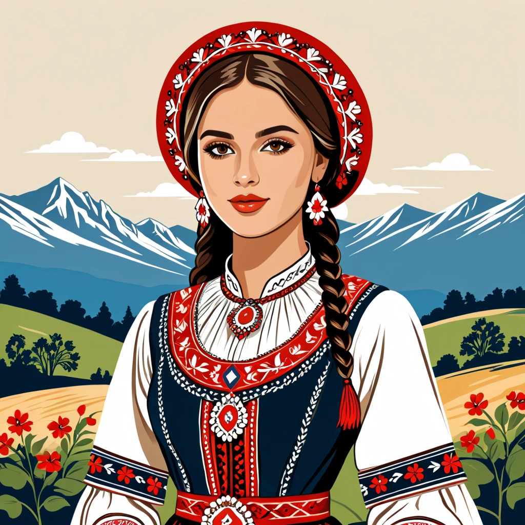 woman in georgia folk outfit, vector graphics, strong contours
