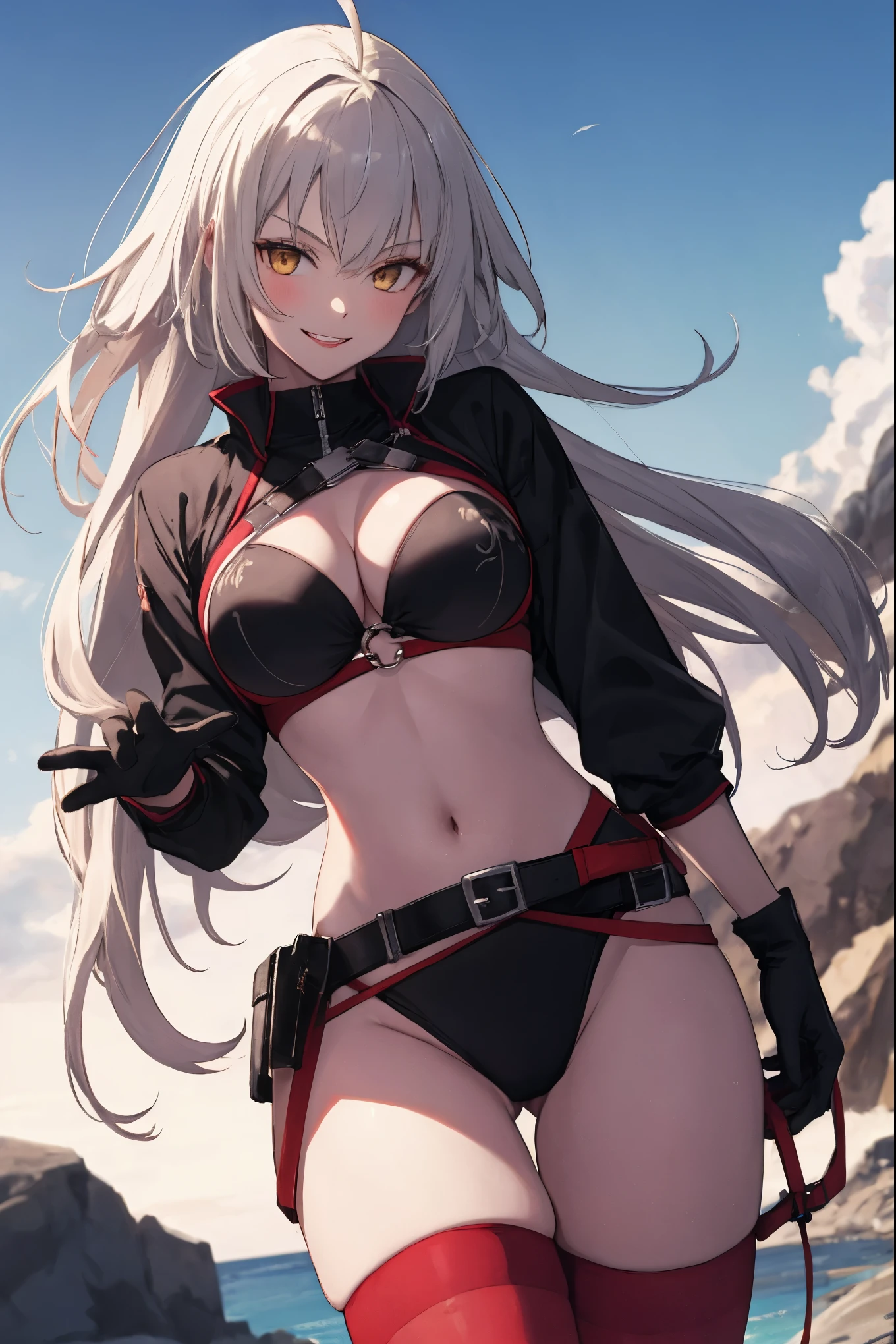 masterpiece, best quality, 1girl, , silver hair, ahoge, gold eyes, shaggy_long_hair,, gigantic_breasts, , blue sky_beach_landscape,covered_groin,covered_nipples,solo,young_,,open_legs,,crotch_armor,cowboy_shot,crotch, asymmetrical legwear, long hair, bikini, black bikini, black gloves, gloves, long sleeves, navel, o-ring, o-ring bikini, o-ring bottom, o-ring top, puffy long sleeves, puffy sleeves, red legwear, single thighhigh, swimsuit, thigh strap, thighhighs, uneven legwear,smile,nihil,open_mouth,angry,glare,dynamic_standing,jeanne D'arc alter,