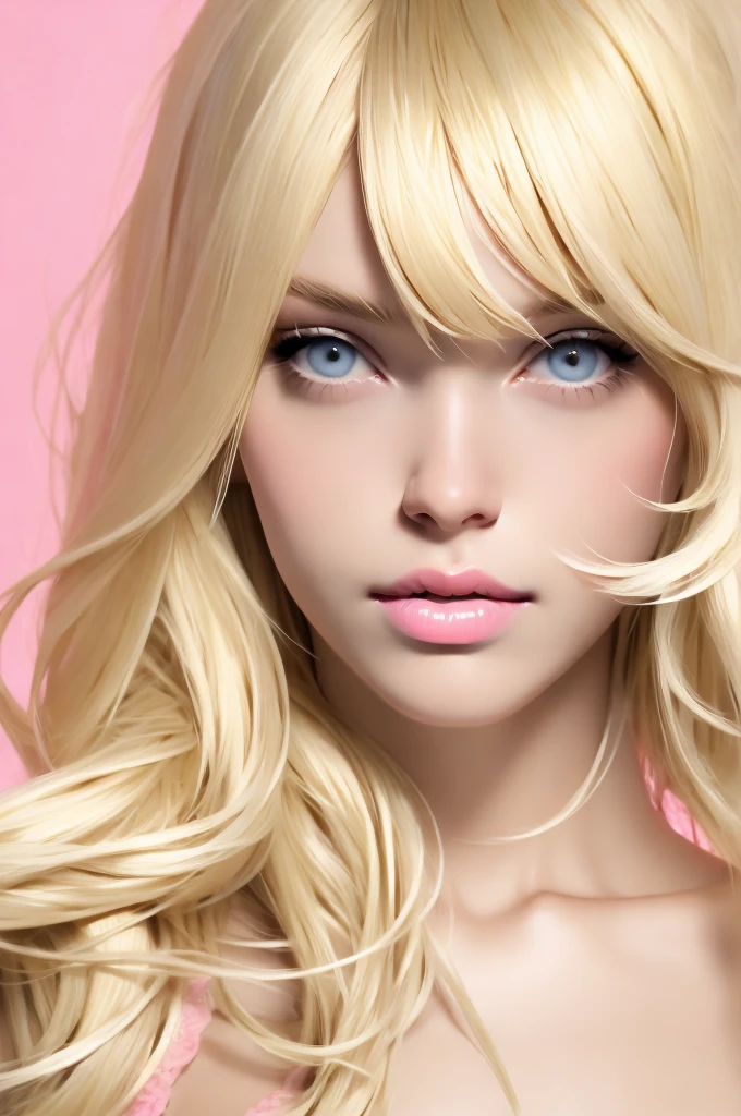 Girl with blonde hair, Channel hairstyle, blonde bangs  blue eyes, pink lipstick, perfect face, wearing a pink bra