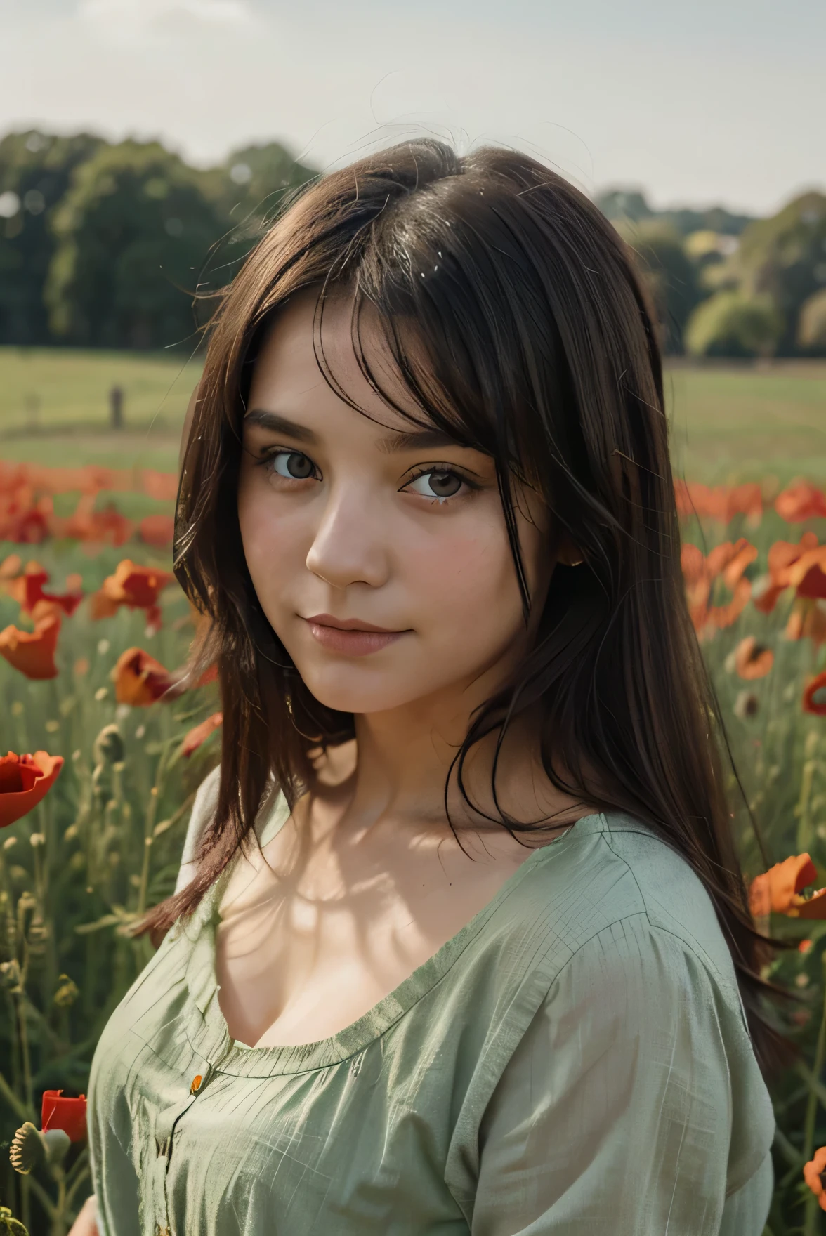 Dark-haired girl, slight smile, with greenish eyes to be in a field where poppies grow