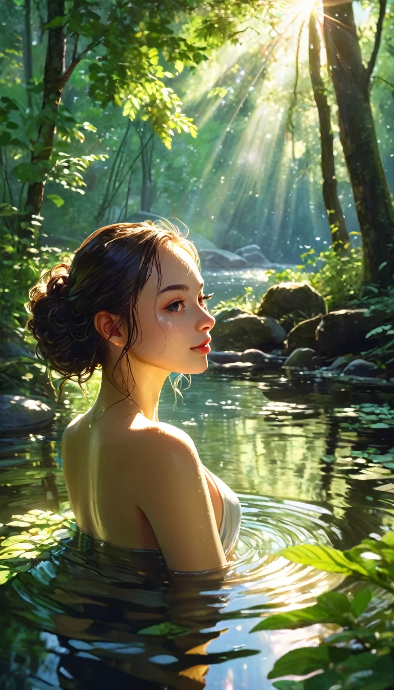 a beautiful girl in a large summer forest, sunlight reflecting on a river, the girl preparing to take a bath, detailed face and body, realistic, photorealistic, high quality, 8k, detailed environment, lush greenery, sunlight shimmering on water, serene atmosphere, in the style of Wadim Kashin