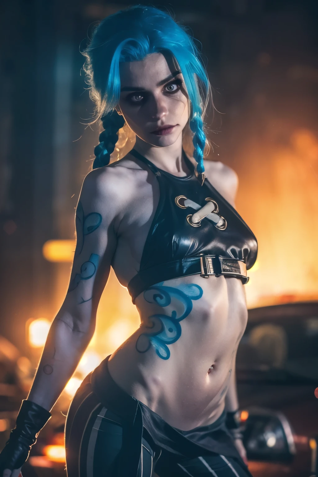 Hyper realistic super detailed Jinx cosplay ,  girl, 15 yey detailed, (hyper realistic: 1.4), ((in dynamic fight pose)) , Hot body, sexy, twin braids, long hair, blue hair, ((red eyes)) , blue tattoo on arm , (((angry face))), arcane style. ((Grunge Neon grafitti background, (((skinny body))) , ((explosion background, cinematic lighting)).