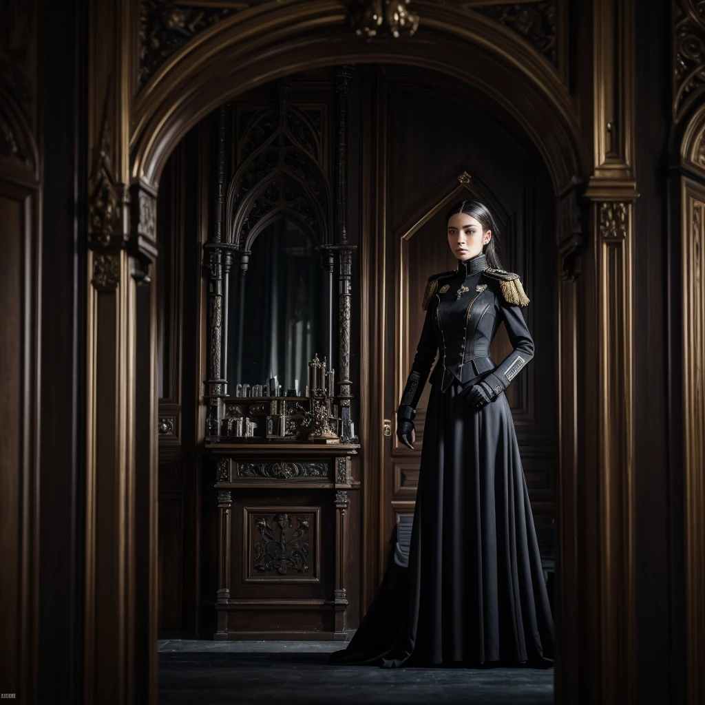 a woman in a futuristic dark imperial military uniform inspects the interior of a gothic house populated by grotesque and surreal figures, cinematic, hyper-realistic, 8k, ultra-detailed, masterpiece, intricate-details, photo-realistic, perfect-details