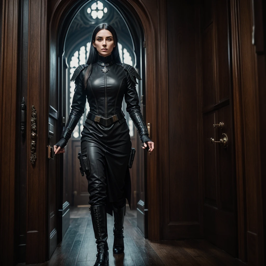 
a woman in a futuristic dark imperial military uniform inspects the interior of a gothic house populated by grotesque and surreal figures, cinematic, hyper-realistic, 8k, ultra-detailed, masterpiece, intricate-details, photo-realistic, perfect-details 