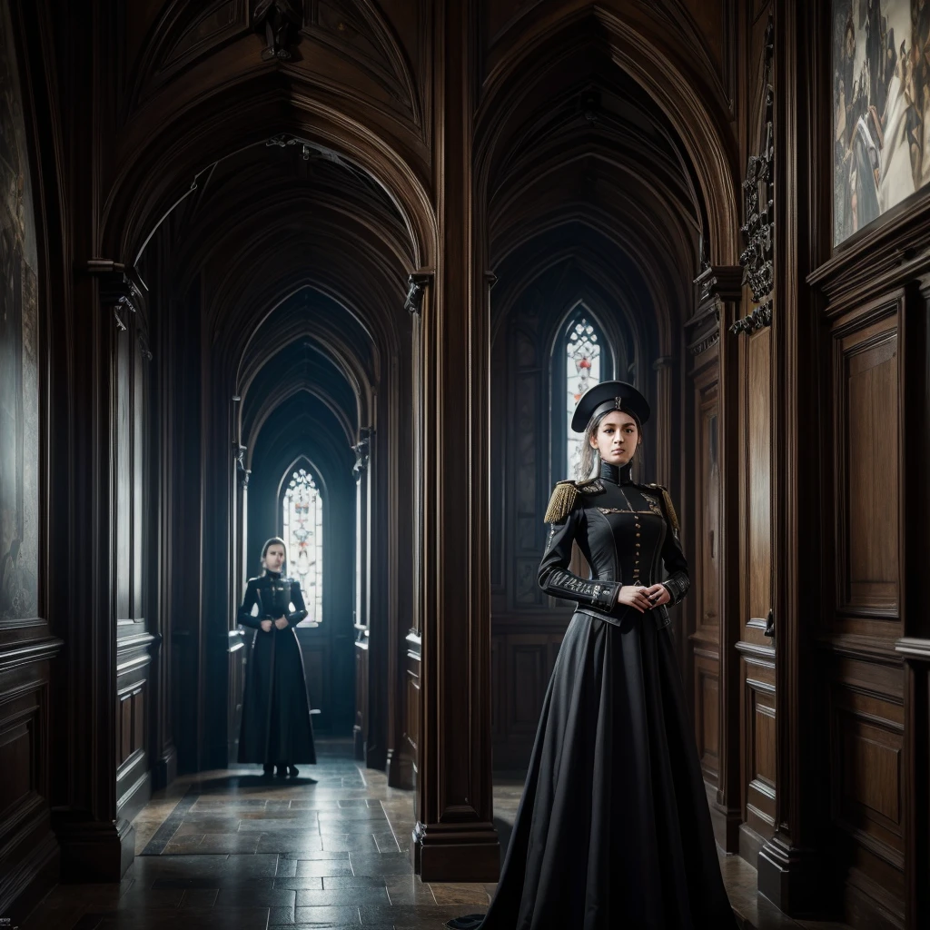 a woman in a futuristic dark imperial military uniform inspects the interior of a gothic house populated by grotesque and surreal figures, cinematic, hyper-realistic, 8k, ultra-detailed, masterpiece, intricate-details, photo-realistic, perfect-details