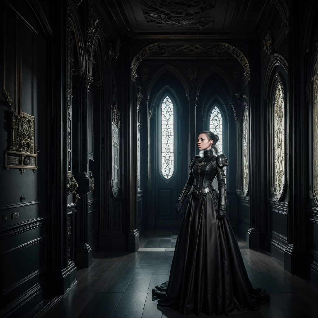 
a woman in a futuristic dark imperial military uniform inspects the interior of a gothic house populated by grotesque and surreal figures, cinematic, hyper-realistic, 8k, ultra-detailed, masterpiece, intricate-details, photo-realistic, perfect-details 