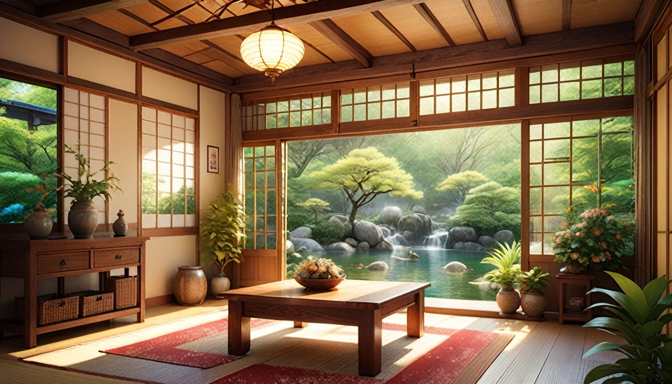 (Panorama, center, masterpiece, Highest quality: 1.2), (8k, RAW Photos, Highest quality), ((masterpiece:1.2)), Genuineistic, Ultra-high resolution, High Contrast, Photon Mapping, Bright colors, Genuine, Very detailedな, Very detailed, RAW Photos, Genuine, Official Art, RAW Photos, Professional Lighting, Light, Professional Writing, twiceLight, Vivid atmosphere, High-definition CG, ユニティ8k), wind chimes, The atmosphere is nostalgic, Warm home interior、beautifully arranged、It creates a peaceful atmosphere。The walls are decorated with family photos and memorabilia.々Decorated with、You can feel the family history and ties.。Warmth spreads throughout the house。You can feel the vitality of nature。Out of the window、There is a beautiful garden and a pond。Beautiful green leaves are blooming in the garden、I can hear the birds chirping。Family ties are emphasized in nature、It gives a sense of the beginning and growth of life..。The home is a sacred place.、Japanese style room、Veranda。Captivating natural beauty,Shining Star Fragment, An atmosphere that exudes the excitement of adventure。A happy and fun atmosphere。High Fantasy Worldview, Great compositionや比率が美しく描写, Guardian nebula of rainbow light and silvery vapor, Corrosion Surrounding Ray Family Color, Slimy air, Great composition, Epic scale,