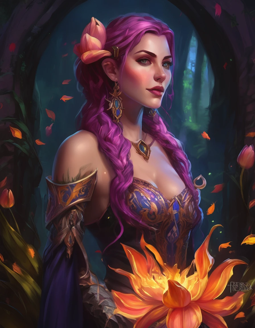 Arafed, Dark fantasy art, fantasy art, goth art, a picture of a tattoo of a tulip on the back of a female elf, a glowing tattoo of a ((tulip: 1.3)) on the elf's back, the ((tulip tattoo: 1.3)) is vivid, intricate detailed,  GlowingRunesAI_purple, ((fire surrounds the tulip: 1.5)), shot taken from the back, ((the back is visible: 1.3), she wears a transparent red dress, the dress is elegant, flowing, elven style, that the tattoos glow, dynamic hair color, dynamic hair style,  vibrant, Ultra-high resolution, High Contrast, (masterpiece:1.5),  highest quality, Best aesthetics, best details, best quality, highres, 16k, (ultra detailed: 1.5), masterpiece, best quality, (extremely detailed) RAW, (ultra details, Masterpiece, best quality) faize, Digital Painting, *channel_42*, rpg portrait