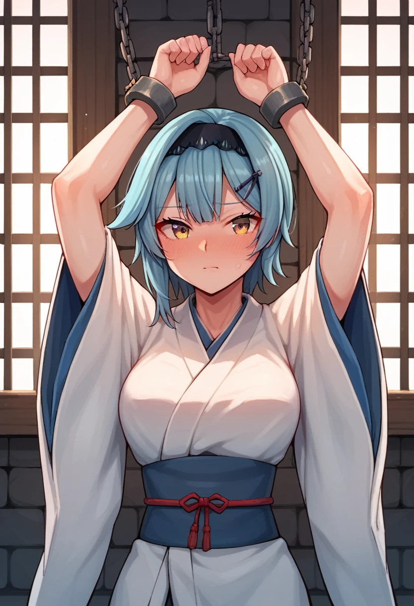 score_9, score_8_up, score_7_up, score_6_up, score_5_up, score_4_up, source_anime, 1woman, lora:eula2-000010:1>, euladef, upper body, blush, day, short hair, hairpins, blue hair, yellow eyes, kimono, w-w-chain, shackles, spread arms, windows, dungeon, best quality, best res, 4K UHD,
 