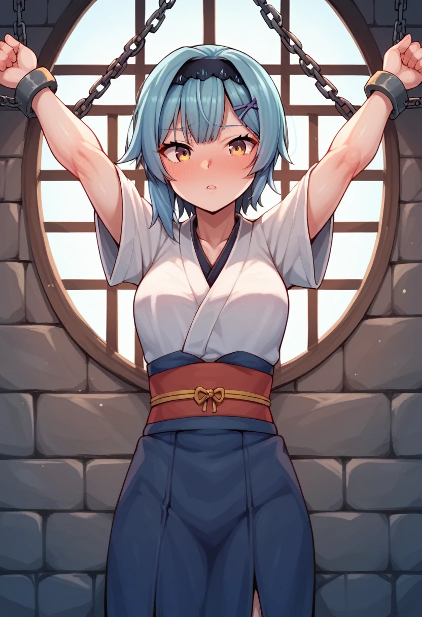 score_9, score_8_up, score_7_up, score_6_up, score_5_up, score_4_up, source_anime, 1woman, lora:eula2-000010:1>, euladef, upper body, blush, day, short hair, hairpins, blue hair, yellow eyes, kimono, w-w-chain, shackles, spread arms, windows, dungeon, best quality, best res, 4K UHD,
 