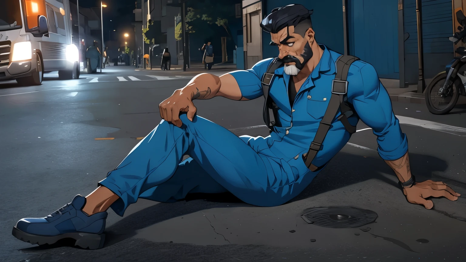 dynamic fall pose, a man in a blue jumpsuit with a lush black mustache fell on the asphalt and dropped a large camera in the evening on the set, Lying pose