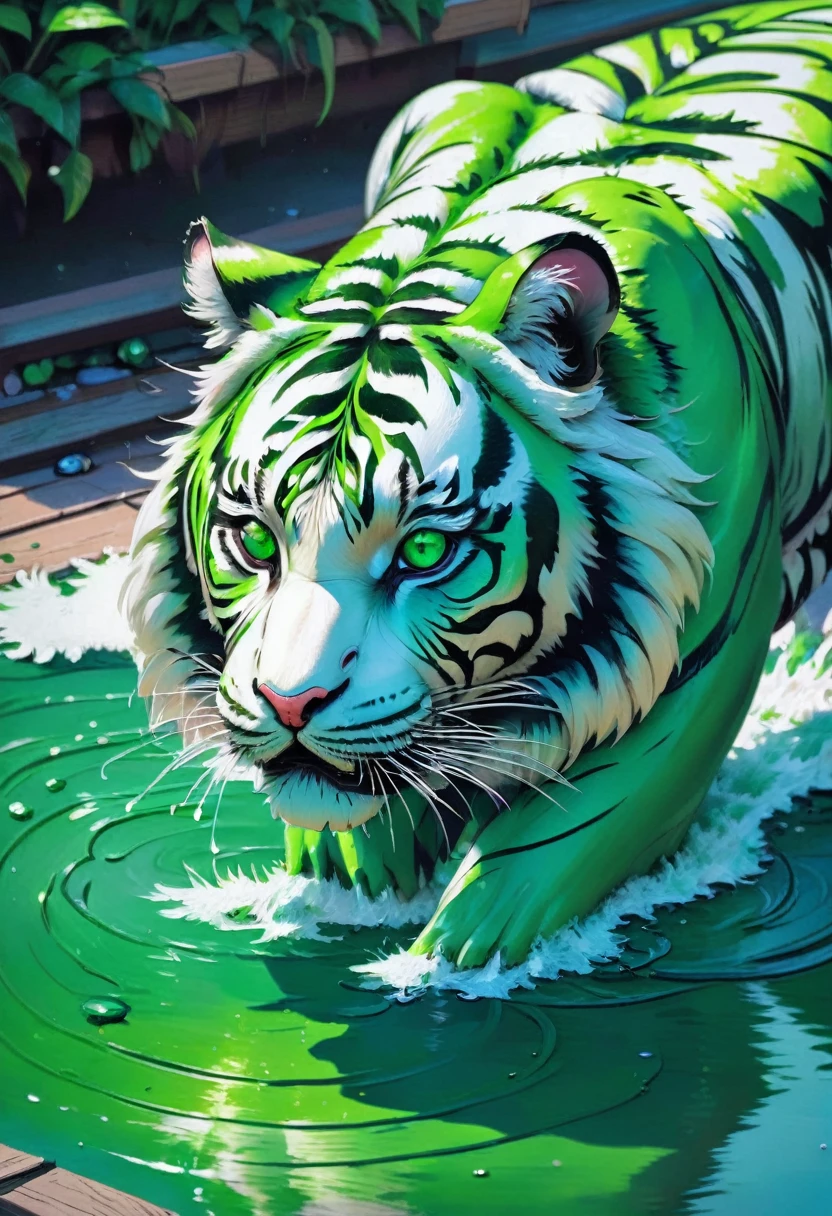 a tiger head with bright green eyes, side view, Watercolors, 8K resolution, soft, tender, dripping paint, White background, Water color painting 