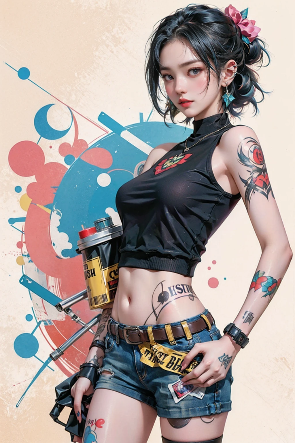 Digital collage with a style like Trash polka tattoos. The theme is music.