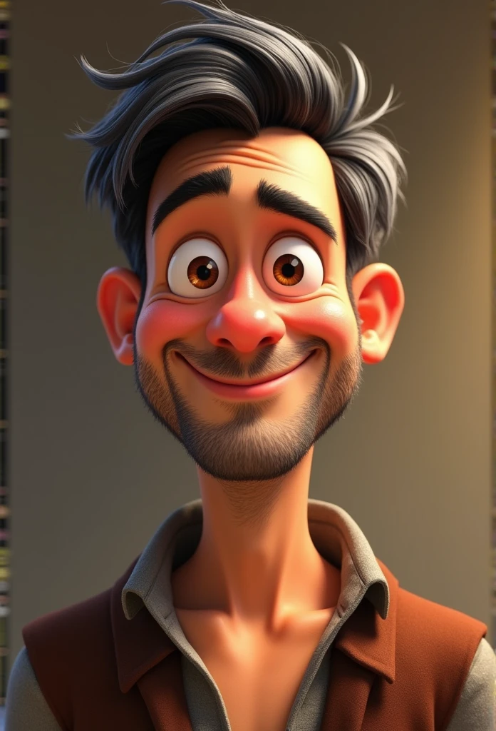 Create a Disney Pixar-style character. naughty man, light tan, dark hair, very short and slightly gray, brown dark eyes, beardless and smiling.
