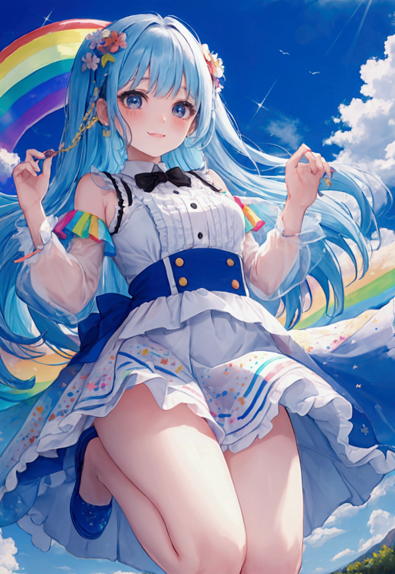 Beautiful girl jumping in the rainbow sky