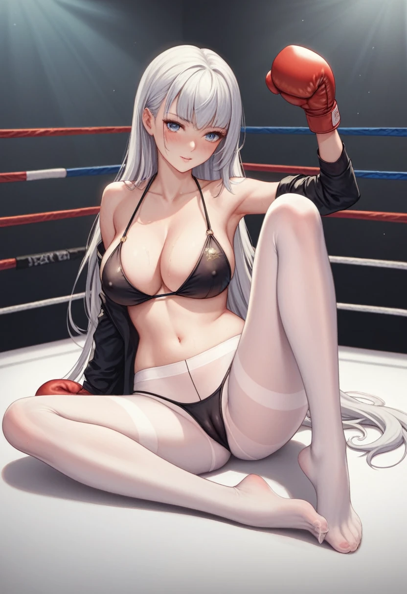 A slim beautiful girl,Good shape,Pretty Face,detailed picture, blush,White long hair,Wearing a bikini,Wearing pantyhose,No shoes,Wearing boxing gloves,Wearing black sleeves,Sitting alone in the boxing ring,Large Breasts,Cleavage,Thin legs,nipple,Camel toe,Sole