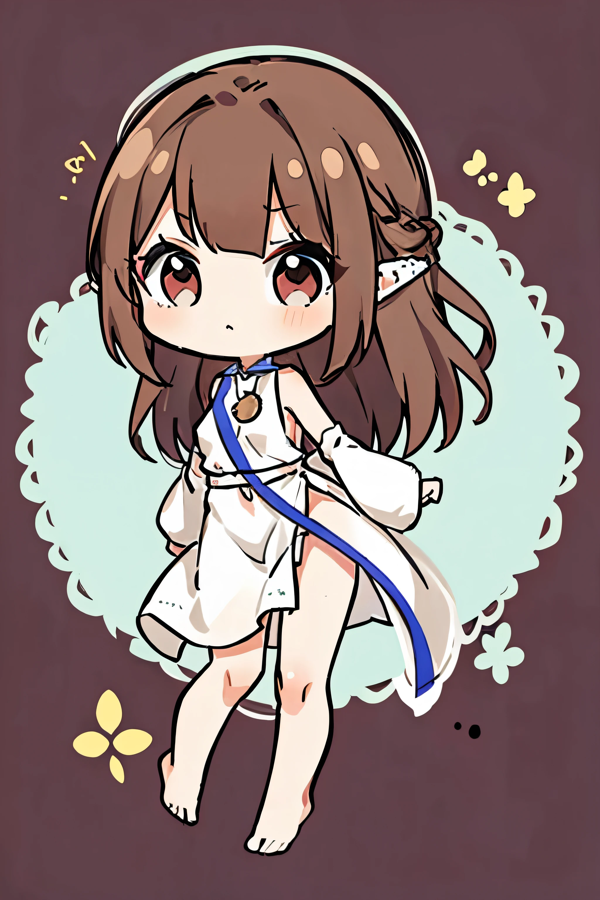 Chibi style, skinny female healer, beautiful female, half elf, brown eyes, flowy brown hair, healer class, brown eyes, stoic, profesional, dressed in white healer dress, relaxed, bare feet, small boobs and small butt, middle aged, medieval fantasy