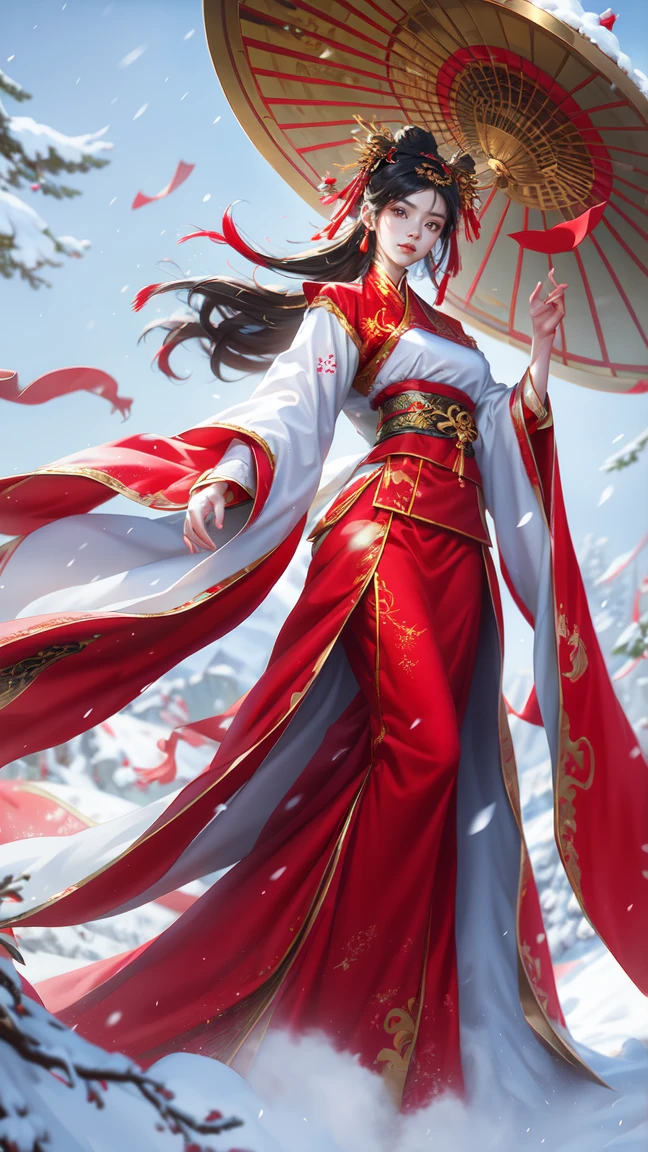 1girl,black hair,Beautiful face, Asian woman, Chinese style clothing,Red cape,full body,outdoors,snow,snowing,solo,winter,Master lens, golden ratio composition, (Canon 200mm f2.8L) shooting, large aperture, background blur.