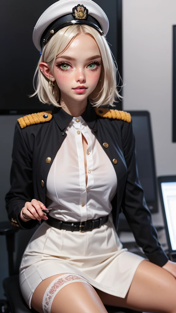 green eyes, short hair, hair over right eye, white hair, pointy ears, large chest, adult woman, tall female,Expressiveh, military uniform, white shirt, button shirt, closed shirt, white pantyhose, white headwear, control room, parted lips, light blush, office skirt, solo, solo focus, sitting, on chair, light smile, close-up,